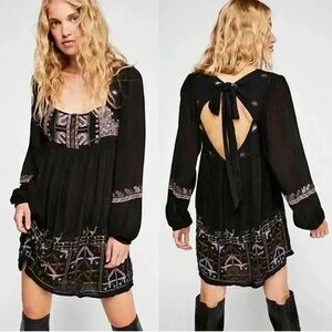 Free People Rhiannon Boho Embroidered Mini Dress Long Sleeve Black Purple XS